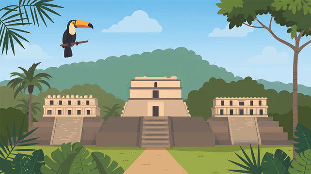 Ancient Mayan stone pyramids in a tropical jungle with a toucan bird perched on a branch, flat ruins