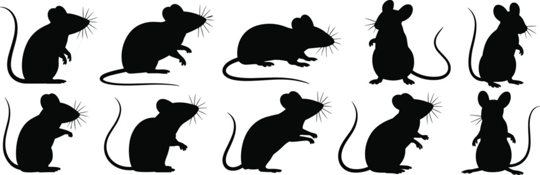 Mouse silhouette collection, rat vector set, animal illustration design, wildlife concept, pest control art, black graphic style, simple rodent shapes