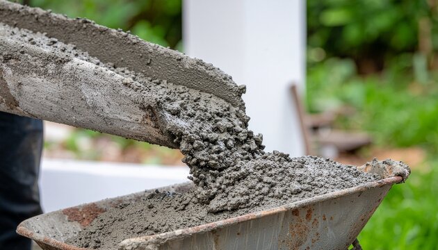 Fresh concrete mix pouring from a chute into a wheelbarrow at a construction site.