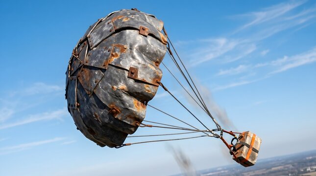 An iron-wrought parachute composed of rusted plates carries a heavy stone block through the clear sky, a surreal metaphor for the weight of legacy and the paradox of industrial flight.
