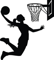 Basketball player silhouette dunking ball, female athlete jump shot, sports action, dynamic motion, fitness strength, competitive game, hoop scoring, teamwork © MdAriful