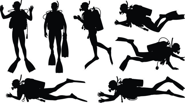 Scuba diver silhouettes underwater, diving activity illustration, ocean exploration concept, marine adventure, snorkeling, aquatic sport, black vector design art