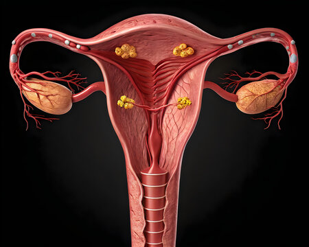 Anatomical illustration of the female reproductive system with ovaries and uterus