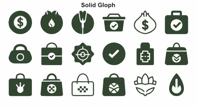 Collection of various solid glyph icons representing diverse concepts and symbols.