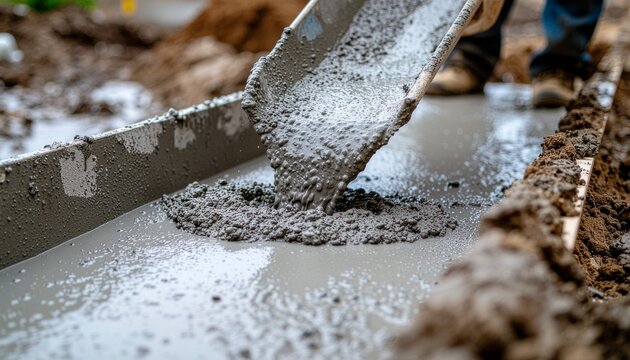 Fresh concrete being poured from a chute into a foundation formwork on a construction site.
