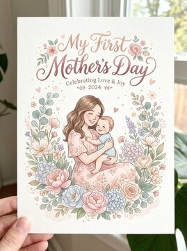 &ldquo;My First Mother&rsquo;s Day&rdquo; text with soft floral mother illustration, pastel tones

