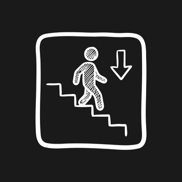 Hand Drawn White Way Out Downstairs Icon On Black Background Vector