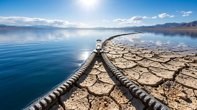 A colossal silver zipper unfastens the parched, cracked skin of a dying desert to reveal a deep blue life-giving lake, a powerful metaphor for environmental restoration and renewal.