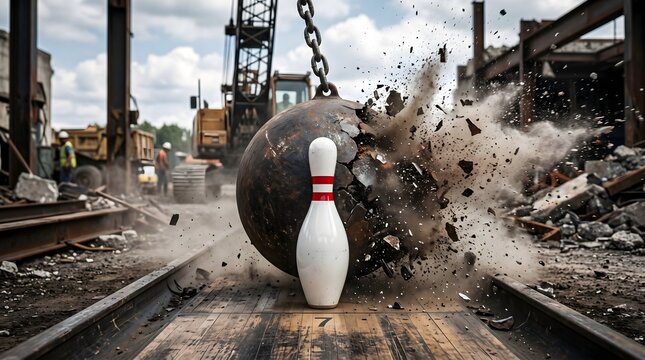 A colossal wrecking ball shatters a solitary bowling pin on a rugged wooden lane, serving as a visceral metaphor for overkill and the overwhelming pressure of industrial-scale change.