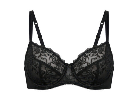 Elegant black lace bra with delicate floral patterns and adjustable straps, presented in a clean studio shot with a soft white background, highlighting its sophisticated and feminine design.