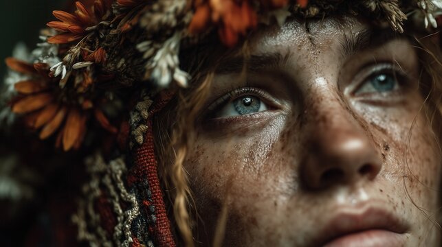 Young person with flowers on head looking thoughtfully