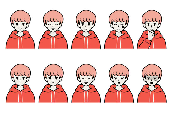パーカーを着た男性の表情イラスト10種類セット フラットデザイン