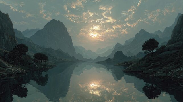 Sun sets behind mountains over calm water