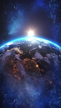Space Earth In The Nebula Galaxy Glowing Planet Horizon with Distant Moon Epic Sci Fi Space Background 4k star filled cosmos, epic sci fi mood, deep space exploration, dramatic universe backdrop 3D