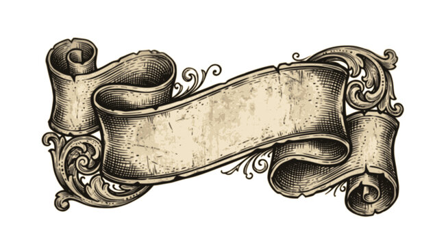 Vintage Woodcut Scroll Banner Parchment Ribbon Band Vector Illustration Antique Label Certificate Engraving Style Decorative