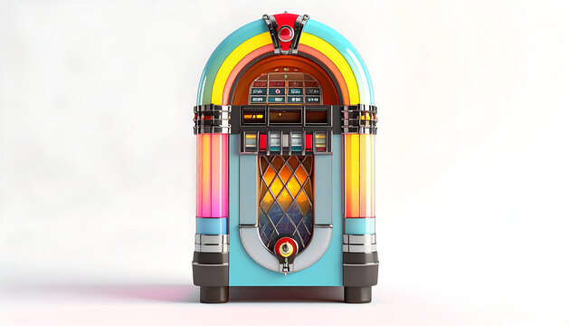 Retro Jukebox Illuminated with Vibrant Rainbow Colors on White Background.