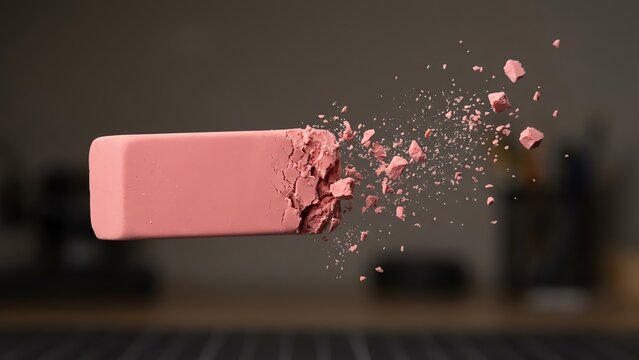 A pink rectangular eraser is shown in mid-disintegration, with small fragments scattering to the right against a blurred, dark background.