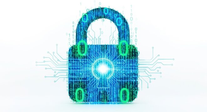 Glowing digital padlock with binary code on white background, symbolizing cybersecurity and data protection