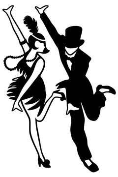 Vintage silhouette of two dancers in 1920s jazz style, with flared dress and top hat, capturing lively Charleston rhythm, elegance, and retro celebration.