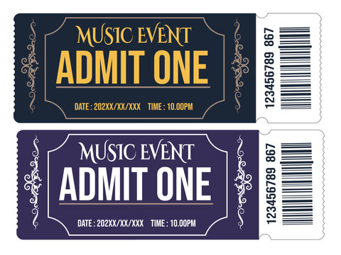 Music event tickets, admit one, concert tickets, event passes, ticket stubs
