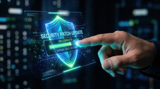 A hand reaches out to touch a holographic shield displaying a security patch update progress in a digital workspace filled with data.