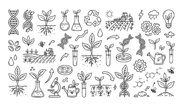Hand drawn agricultural biotechnology doodle set with plant growth DNA and sustainable farming symbols vector illustration