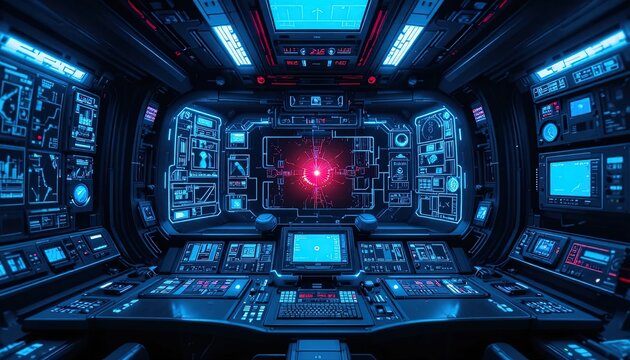 Futuristic Spaceship Cockpit Control Panel Illustration with Complex Interfaces and Screens, Hi-Tech Command Center View