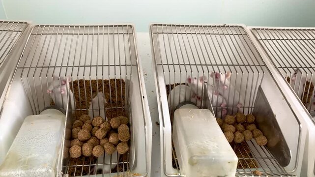 white laboratory mice in rows of research cages with food and water
