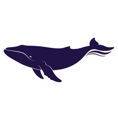 Stylized dark blue whale silhouette swimming in the ocean, isolated on a white background, representing marine life and wildlife. © ning