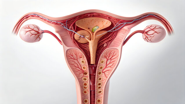 Anatomical illustration of the female reproductive system with fallopian tubes and uterus