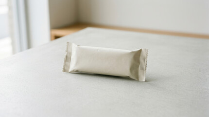 Fototapeta premium A chocolate bar sits on a white table indoors.