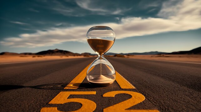 Hourglass on road with number fifty two symbolizing time passing and deadline concept in dramatic landscape