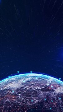 Tech Earth Globalization networking, line lights transmit data, Transfer speed data internet, triangle digital data, Futuristic Abstract Network Covering Planet. Modern Business Technology Concept.