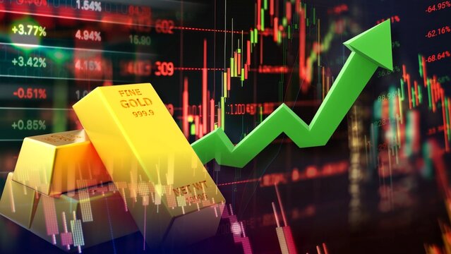 Gold price surge and bullish market performance driven by real-time financial metrics and rising trading indicators. Featuring fine gold bars with a sharp green upward arrow overlaid 