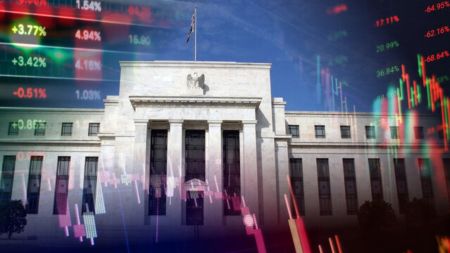 Federal Reserve monetary policy and financial market volatility driven by interest rate decisions and real-time economic indicators. Featuring the Eccles Building facade overlaid with live candlestick