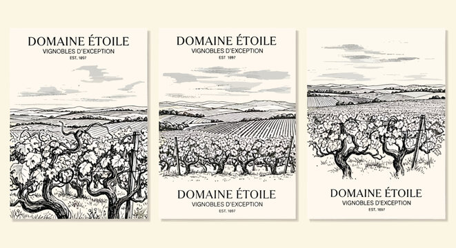 Vintage wine poster templates, Domaine &Eacute;toile labels, wine label designs, black and white illustrations