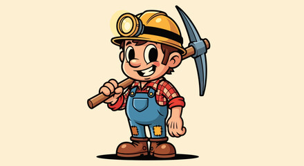 Fototapeta premium A cheerful cartoon miner wearing a yellow hard hat with a headlamp, holding a pickaxe over his shoulder, dressed in blue overalls and a red plaid shirt.