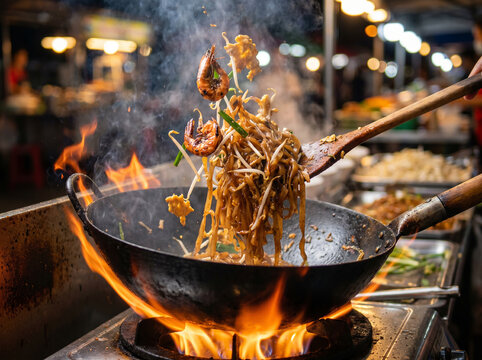 Pad Thai Wok Hei Action Shot with Shrimp Tossed in Flaming Street Wok at Thai Night Market