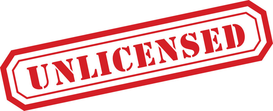 The photograph presents a bold red rubber stamp clearly displaying the word UNLICENSED on a pure white surface