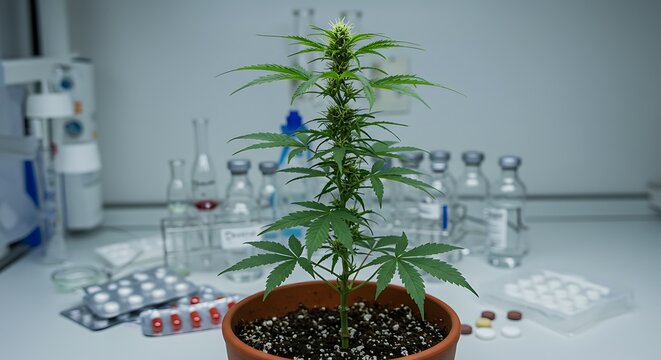 Green flowering cannabis plant in a clay pot within a pharmaceutical research laboratory setting