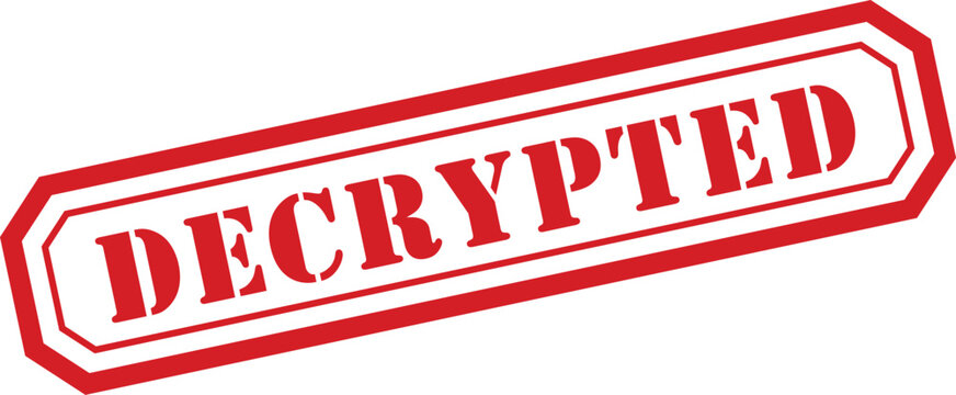The striking red rubber stamp prominently features the word DECRYPTED against a crisp white background