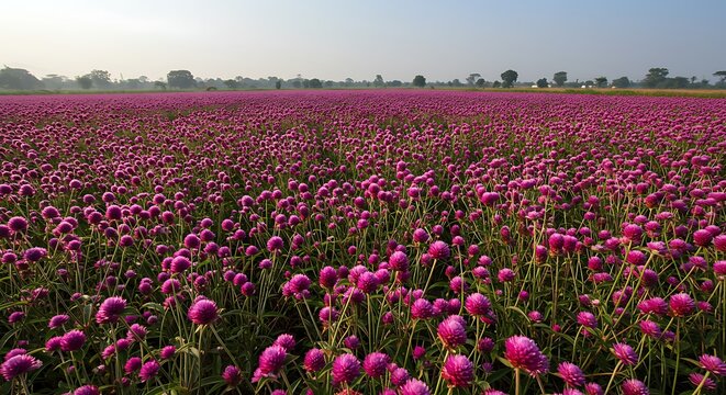 Landscape view of a large field of purple globe amaranth flowers in a rural setting.