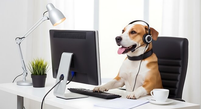 Dog wearing headset and working at a computer in a modern office environment