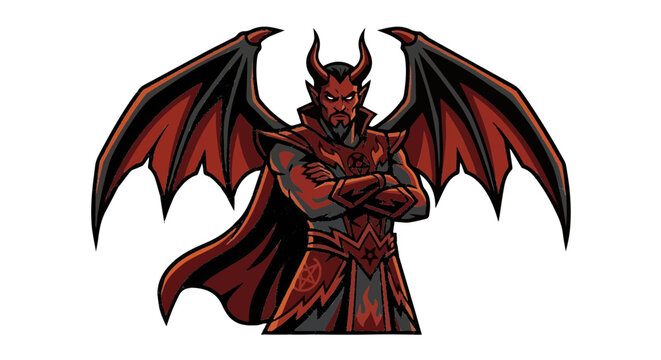 A vector illustration of a powerful red demon character with large bat wings horns and dark armor standing with arms crossed. Isolated on a white background conveying a dark fantasy or esports mood.