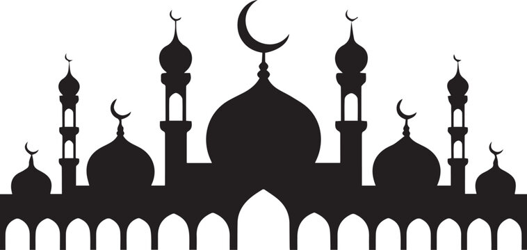 Majestic mosque silhouette with tall domes and minarets topped with crescent moon symbols representing Islamic architecture and religious prayer sites