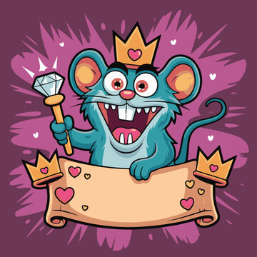 Funny Teal Rat King with Magic Wand and Vintage Parchment Banner,

Valentine Day Themed Royal Mouse with Hearts and Crown Vector Art,
Whimsical King Rat Character Mascot for Greeting Cards and Prints.