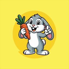 Obraz premium Funny bunny cartoon character holding carrot mascot logo,Friendly grey rabbit holding a carrot for easter design.