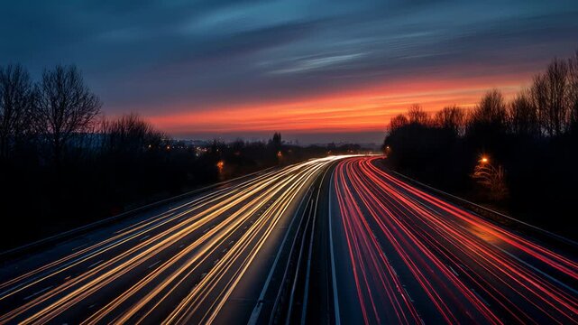 Heavy traffic moving at speed on uk motorway in england, sunset highway transport scene
