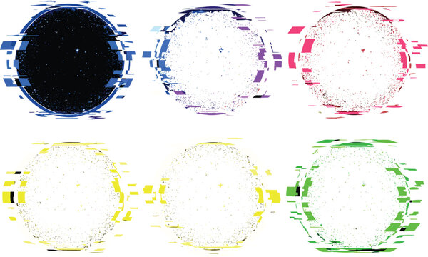 Set of Abstract Glitch Art Circular Elements with Digital Distortion and Vibrant Colors for Futuristic Branding Cyberpunk Graphic Designs and Electronic Music Visuals