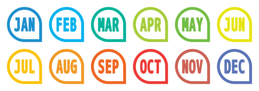 colorful twelve bullet points, from january to december 12 months outline speech balloon markers, vector infographics elements